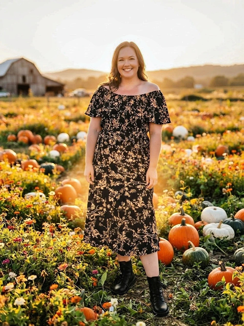 a.new.day Floral Midi Dress in Black & Tan Size Medium Like New